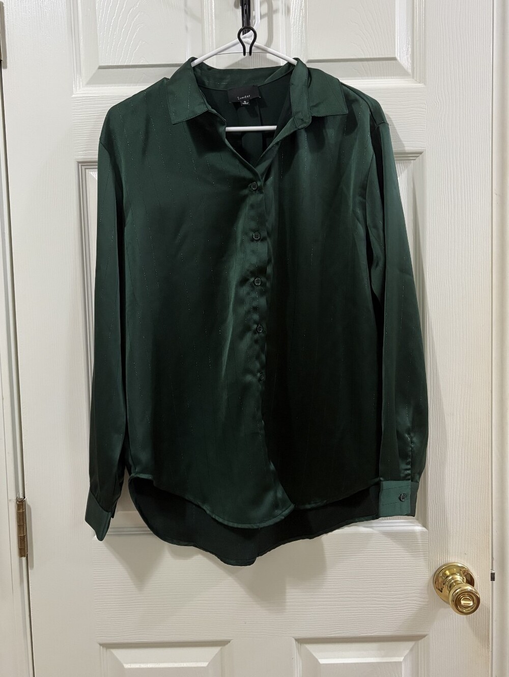 Lumiere Dark Green Metallic Striped Button Down Shirt Blouse Small Long Sleeve